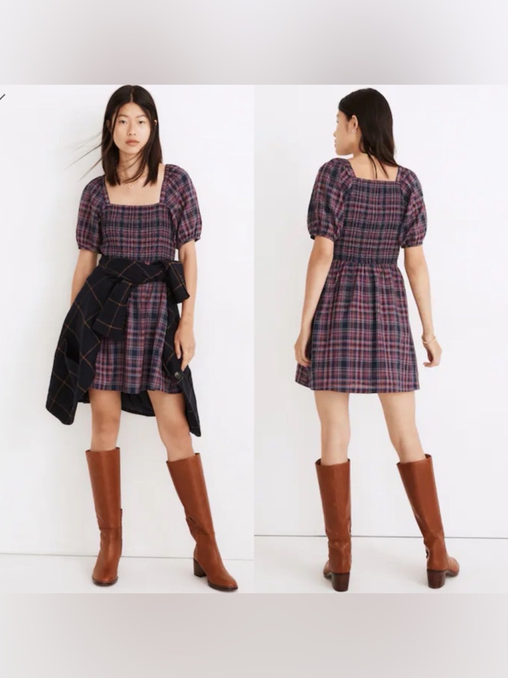 Madewell Lucie Puff Sleeve Smocked Mini Dress in Rockfern Plaid XL